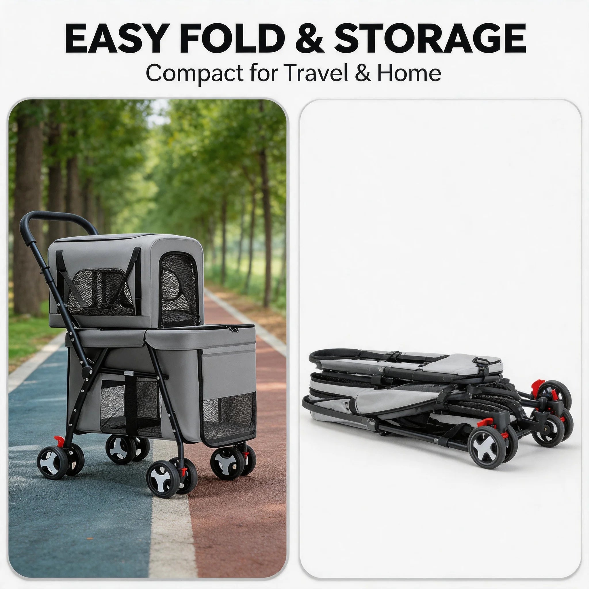 Quick-Folding Double Pet Stroller for Dogs Cats with Detachable Carriers Pet Travel Strolling Cart for Outdoor Daily Walking Use
