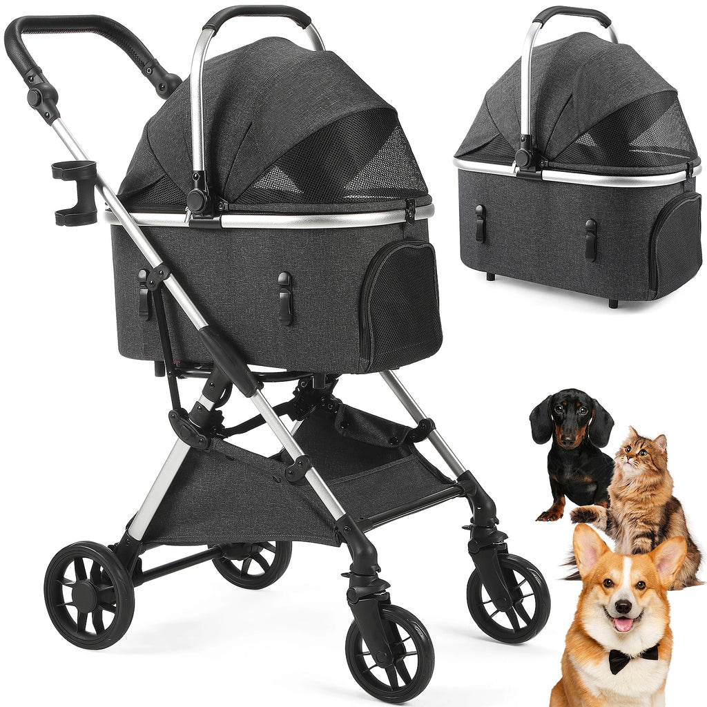 4-Wheel Pet Stroller with Detachable Carrier (Foldable, up to 50lbs)
