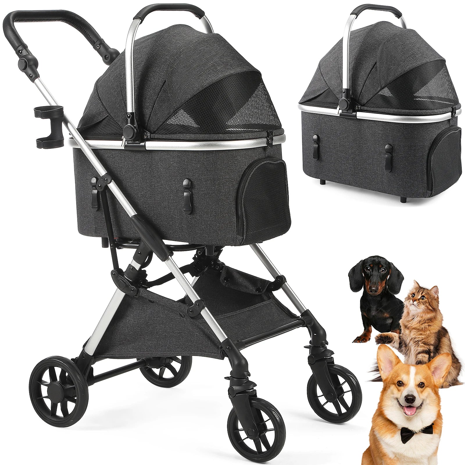 4-Wheel Pet Stroller with Detachable Carrier (Foldable, up to 50lbs)
