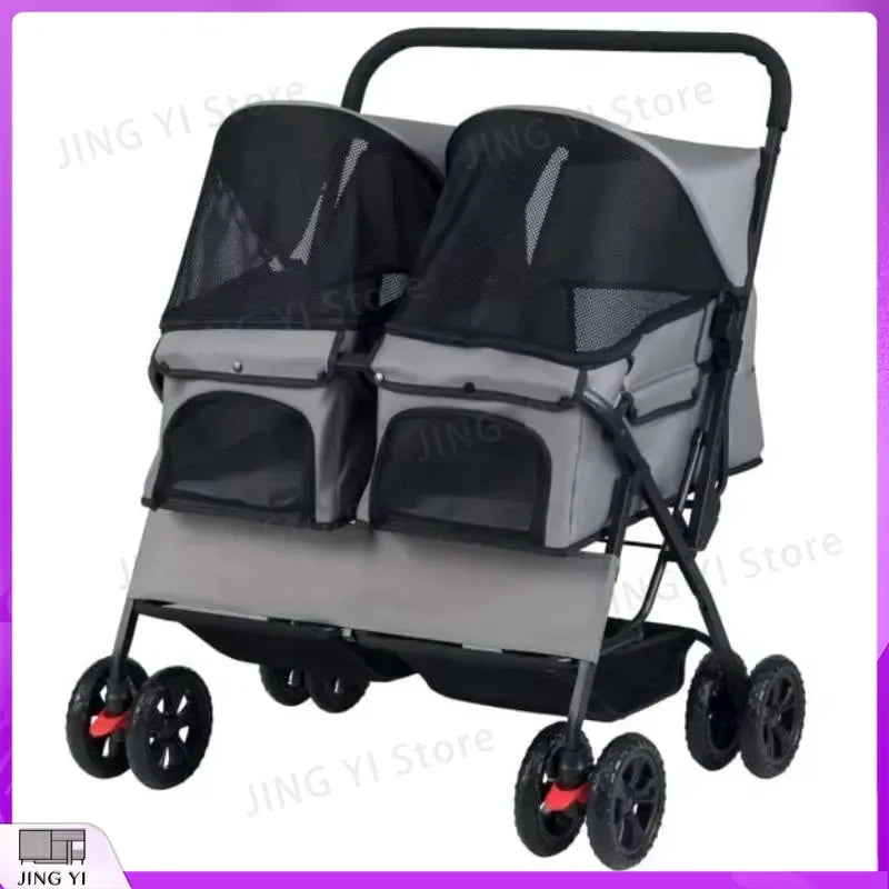 Foldable Double Pet Stroller with Adjustable Sunshade Storage Basket and Pet Travel Accessories for Dogs Cats Small Animals