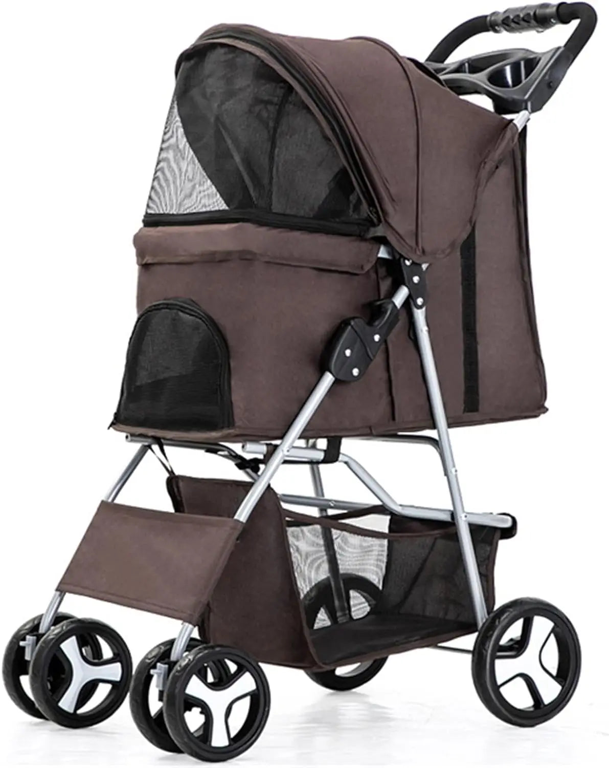 4-Wheel Pet Jogger Stroller with Cup Holder & Storage Basket - Travel Pushchair for Small & Medium Dogs & Cats