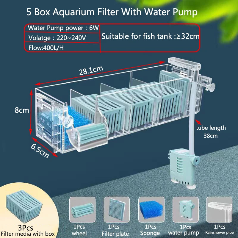 Wall-Mounted Waterfall Aquarium Filter Box (Silent, Built-In, Fish Tank Back Filter)
