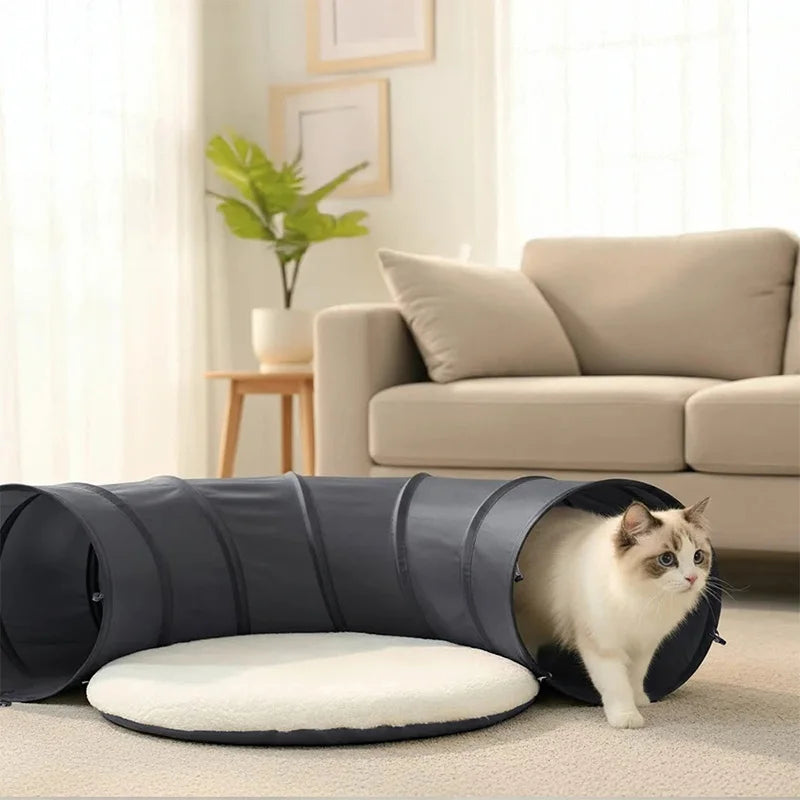 Foldable Indoor Cat Tunnel with Soft Cushion Pillow — Scratch-Resistant Hide & Seek Play Tunnel