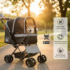 Pet Travel Carriage 44 lbs Capacity For Parks Shopping Trips Outdoor Walking, Foldable 4 Wheels Mesh Windows Reversible Handle, Portable Carrier Brake Mechanism Small Medium Pets