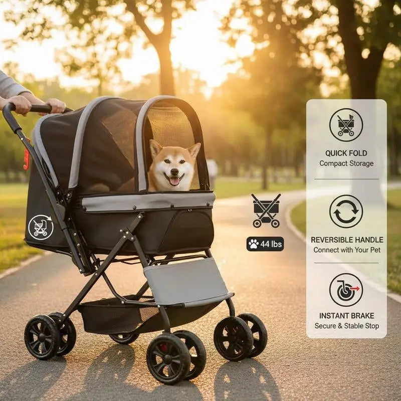 Pet Travel Carriage 44 lbs Capacity For Parks Shopping Trips Outdoor Walking, Foldable 4 Wheels Mesh Windows Reversible Handle, Portable Carrier Brake Mechanism Small Medium Pets