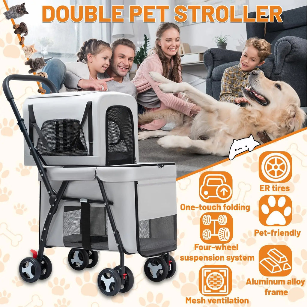 Double Pet Stroller for Dog Cats, Quick-Folding Dog Stroller Carrier with Detachable Carriers, Pet Travel Carrier Strolling Cart
