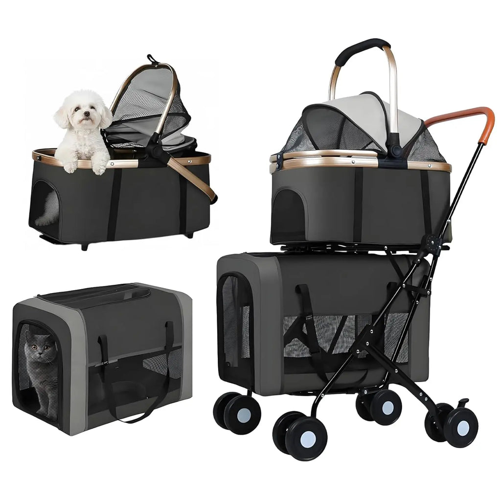 Double Pet Stroller for 2 Dogs & Cats - Foldable Travel Carriage with Detachable Carriers, Safety Belts & 4 Lockable Wheels