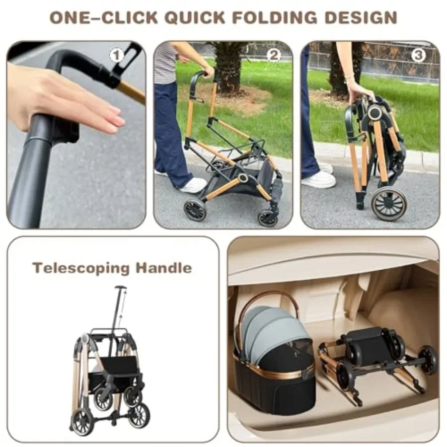 4 Wheels Pet Stroller for Small Medium Dogs Cats Up to 45 lbs Folding Dog Stroller with Detachable Breathable Carrier Suitable