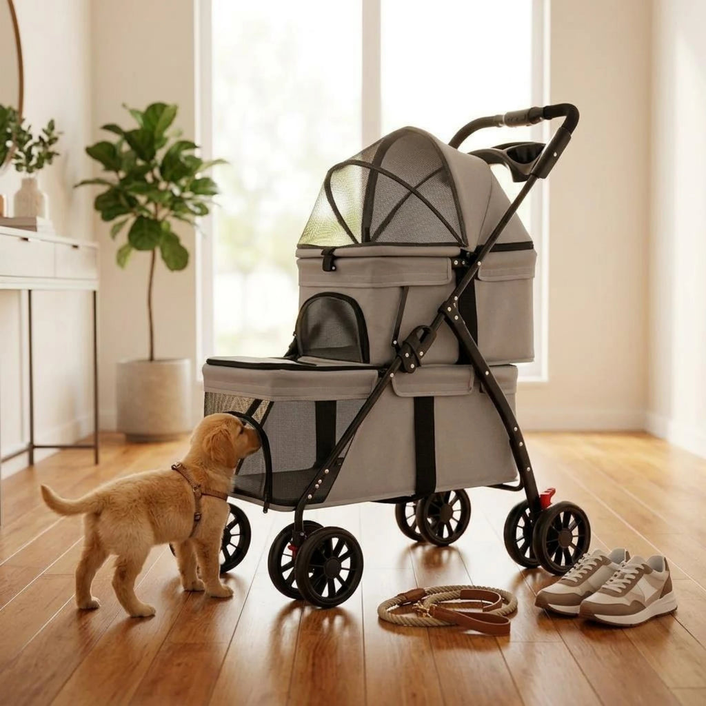 Double-Deck Pet Stroller Lightweight Small Dog Feline Stroller Pet Transport Lockable Wheels Removable Liner for Travel