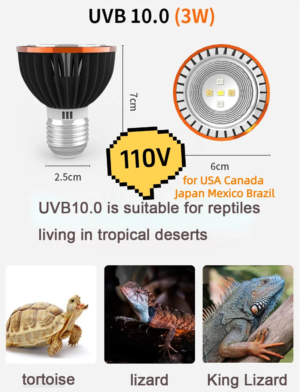 Professional 3W Reptile Lamp UVA UVB5.0 UVB10.0 Lmap LED Bulb Turtle Tortoise Lizard Basking Sunlight UVB Bulb Lighting