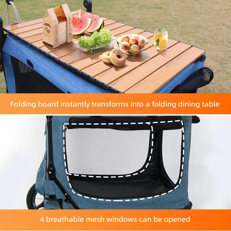 Multifunctional Foldable Camping Cart Large Pet Stroller Trolley with Wooden Table Top Heavy Cart for Outdoor Travel Dog Carrier