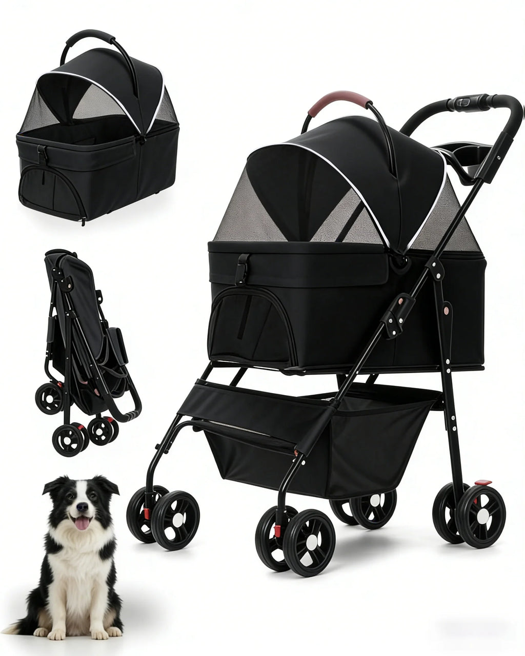Detachable Dog Stroller 2-in-1 Pet Carrier & Stroller Foldable Lightweight 4 Wheel for Small Dogs Cats Portable Travel Pet Pram