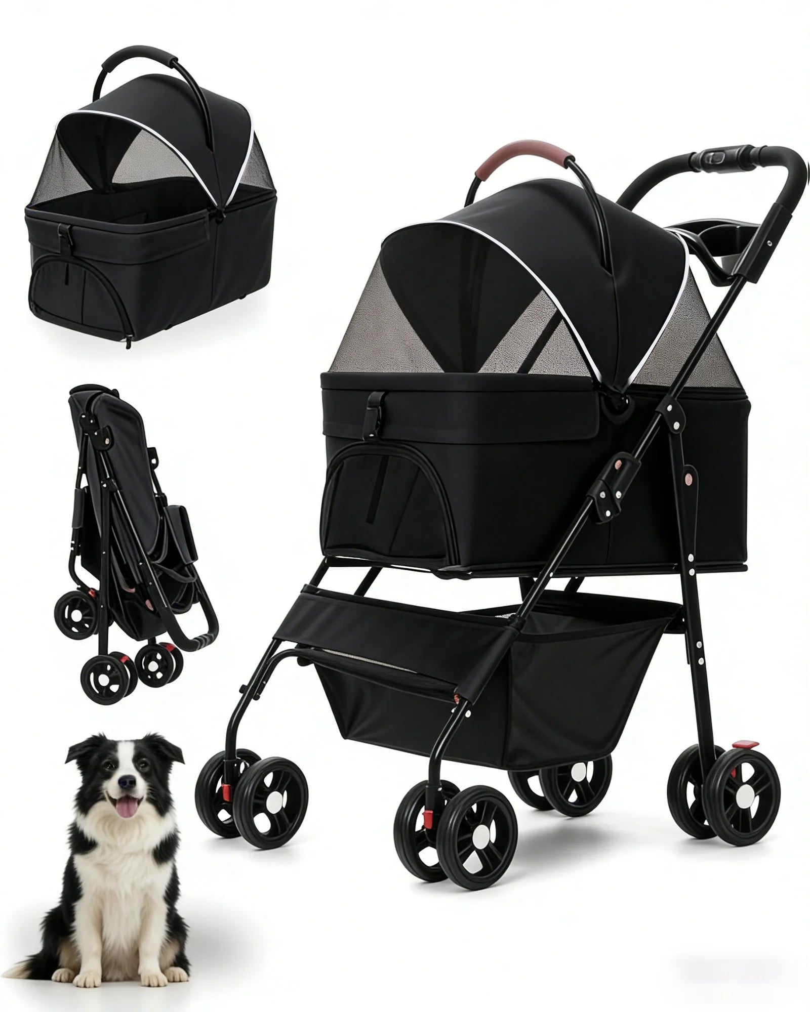 Detachable Dog Stroller 2-in-1 Pet Carrier & Stroller Foldable Lightweight 4 Wheel for Small Dogs Cats Portable Travel Pet Pram