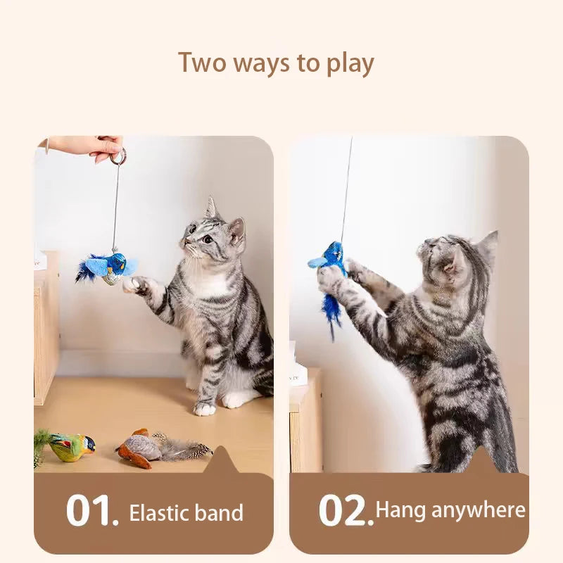 3-Pack Simulation Bird Hanging Cat Toy — Electric Realistic Chirping Sound Catnip Chew Toy