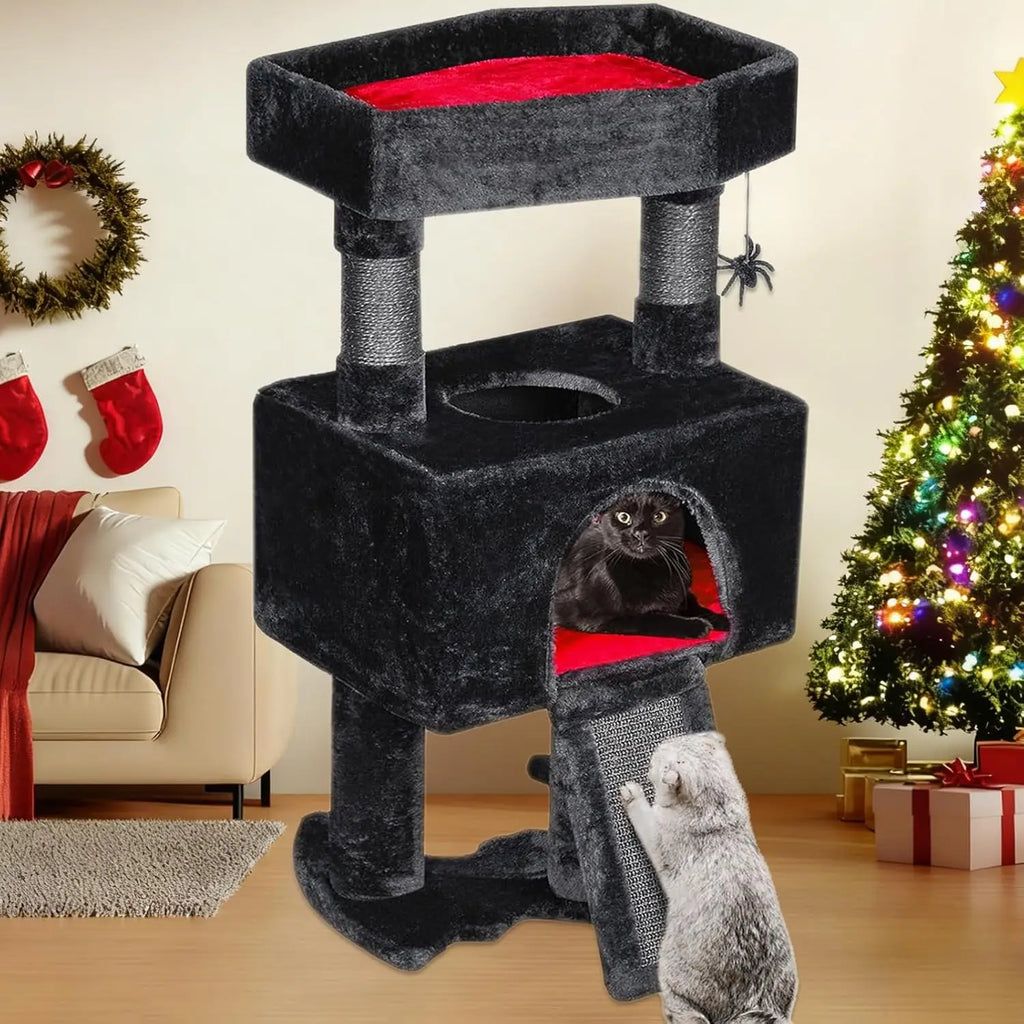 Gothic Cat Tree Tower with Coffin Bed (33.6in, Black & Red)
