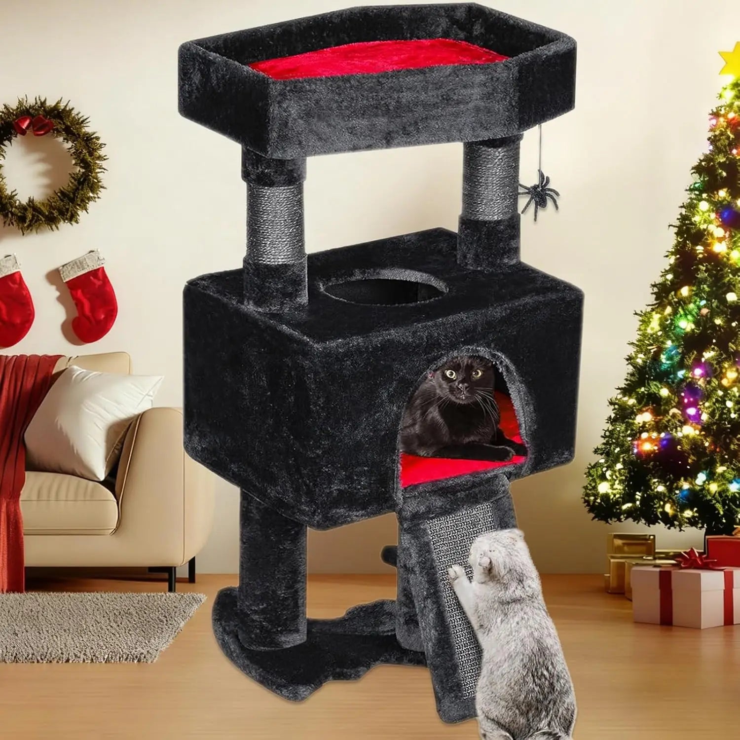 Gothic Cat Tree Tower with Coffin Bed (33.6in, Black & Red)