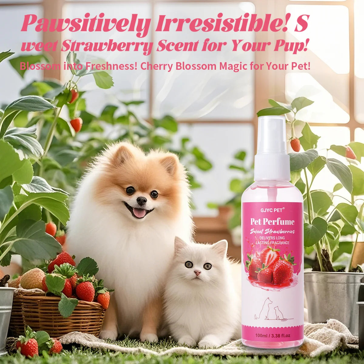 Pet Perfume Spray 100ml Sweet Strawberry Scent Long-Lasting Fragrance Alcohol-Free Odor Eliminator Non-Irritating Pet Body Odor