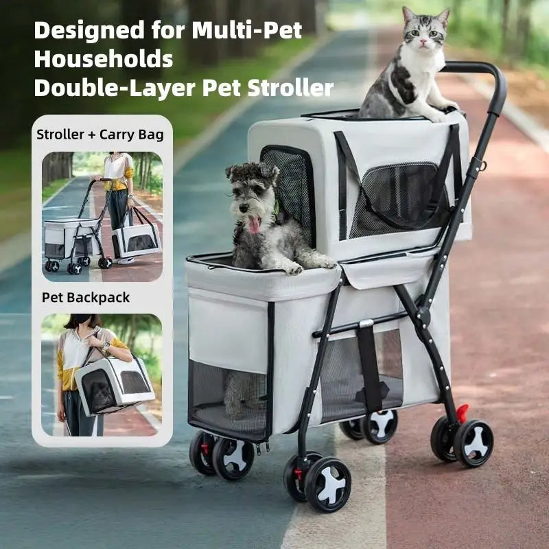 Quick-Folding Dog Stroller Carrier Double Pet Stroller for Dog Cats with Detachable Carriers Pet Travel Carrier Strolling Cart