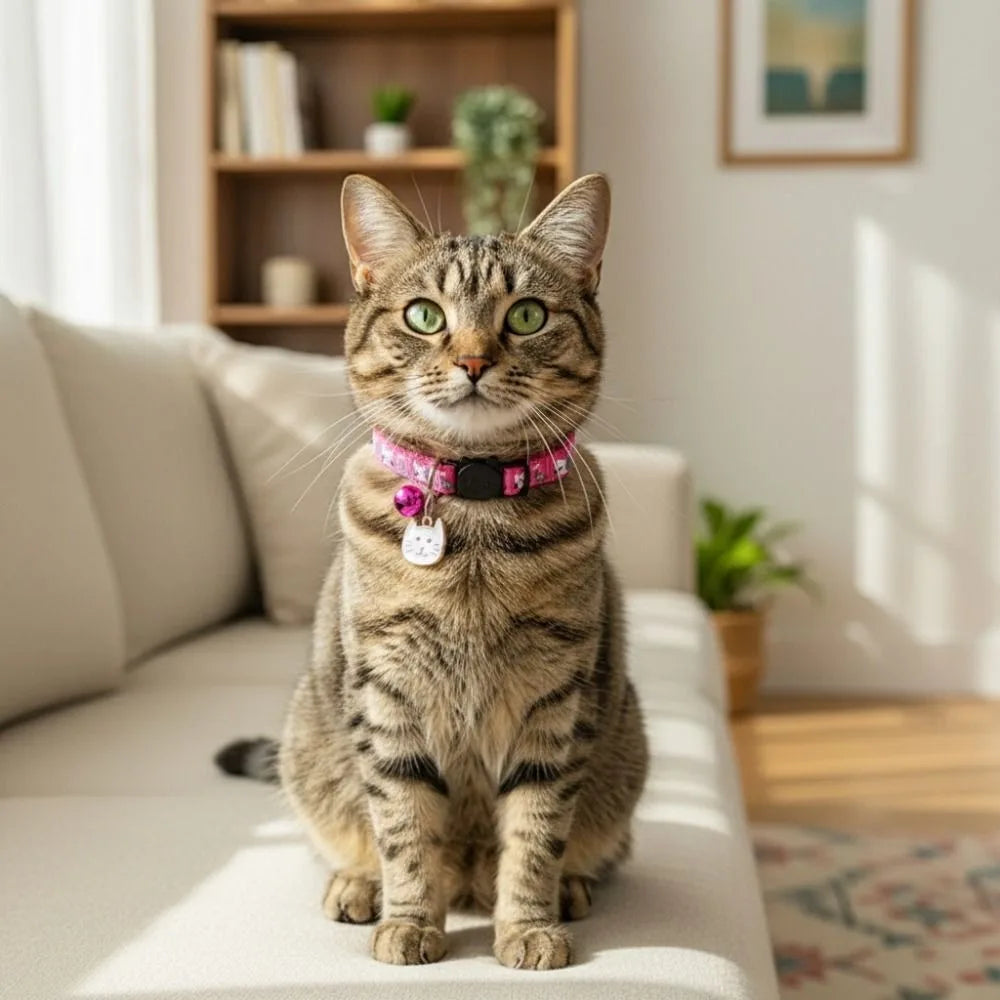 Adjustable Cat Collar with Quick-Release Safety Buckle — Cat Face Pendant & Bell Anti-Lost Necklace