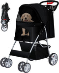 Foldable 4-Wheel Pet Stroller for Small Dogs & Cats, Breathable Mesh, Cup Holder & Storage Basket, Black
