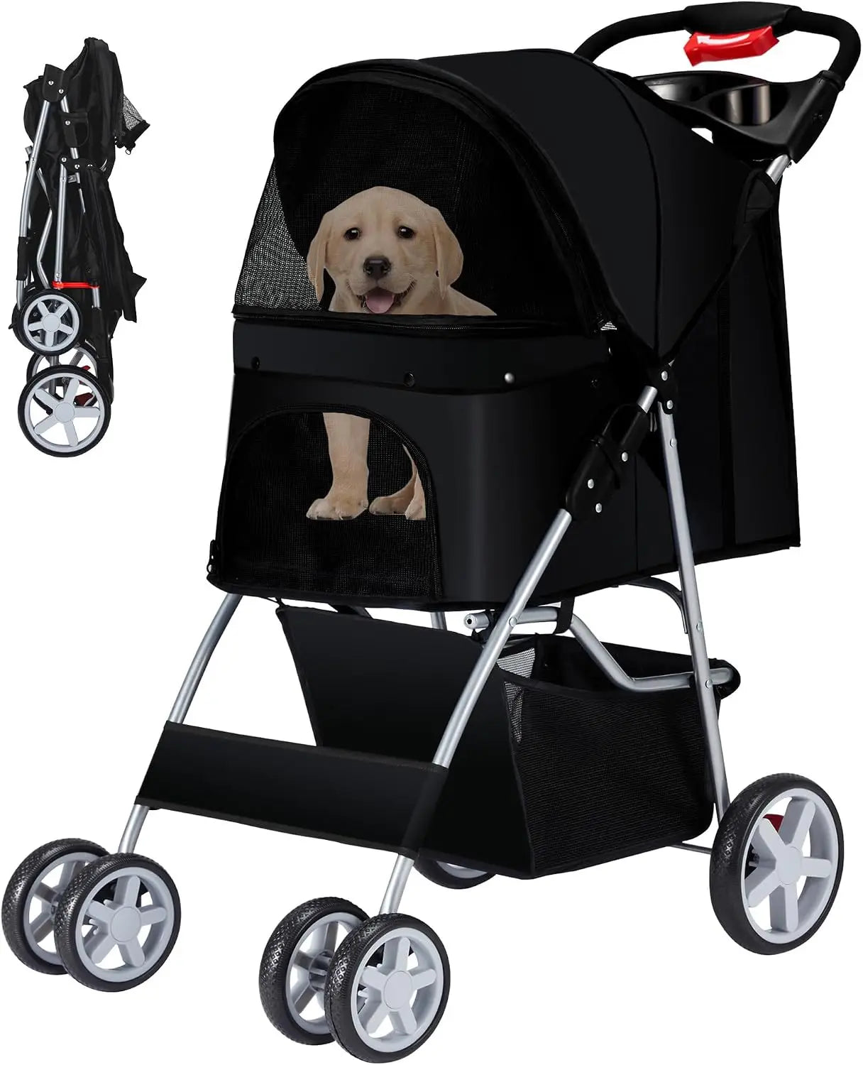 Foldable 4-Wheel Pet Stroller for Small Dogs & Cats, Breathable Mesh, Cup Holder & Storage Basket, Black