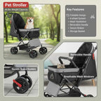 Pet Travel Carriage 44 lbs Capacity For Parks Shopping Trips Outdoor Walking, Foldable 4 Wheels Mesh Windows Reversible Handle, Portable Carrier Brake Mechanism Small Medium Pets