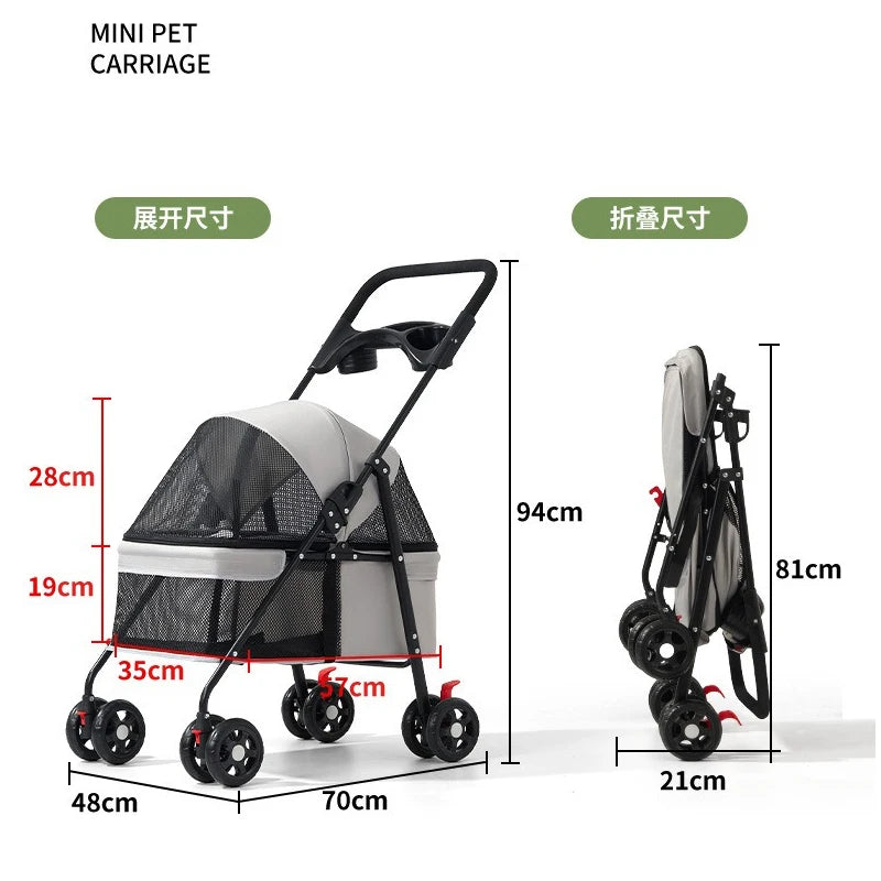 Foldable Pet Stroller, Lightweight Travel Carrier for Small Dogs Cats Up to 15 lbs, Portable Puppy Pushchair