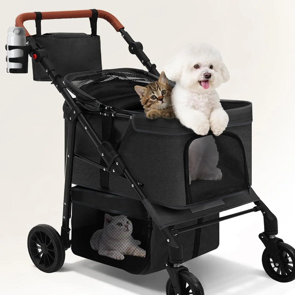 All-Terrain 4-Wheel Pet Stroller for 2 Small Dogs, Adjustable Handle, Canopy, Cup Holder, Black