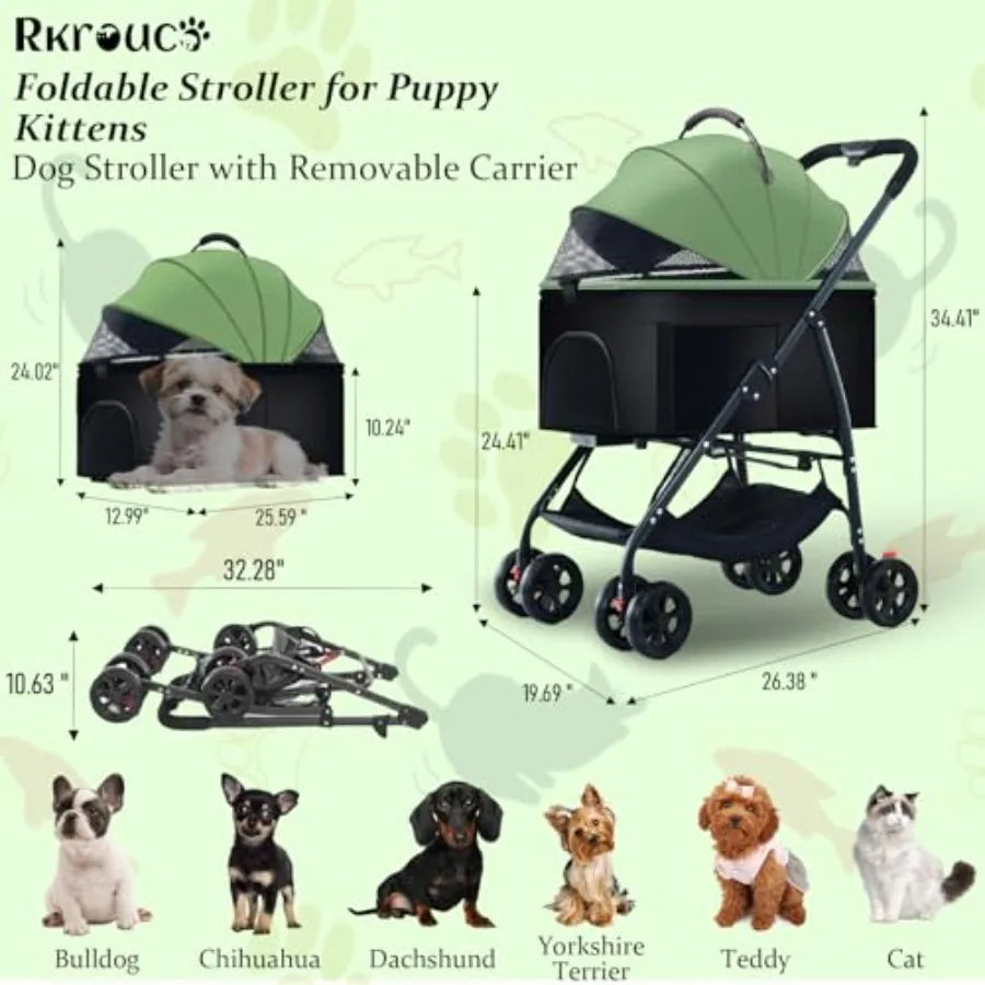 3 in 1 Dog Strollers 4 Wheels Folding Pet Stroller with Detachable Carrier Multifunction Portable Dogs Travel Carriers for Medi