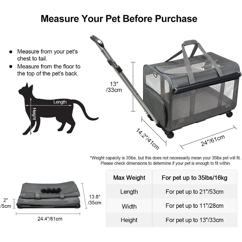 Large Rolling Pet Carrier with Wheels (up to 30lbs, Breathable, Collapsible)