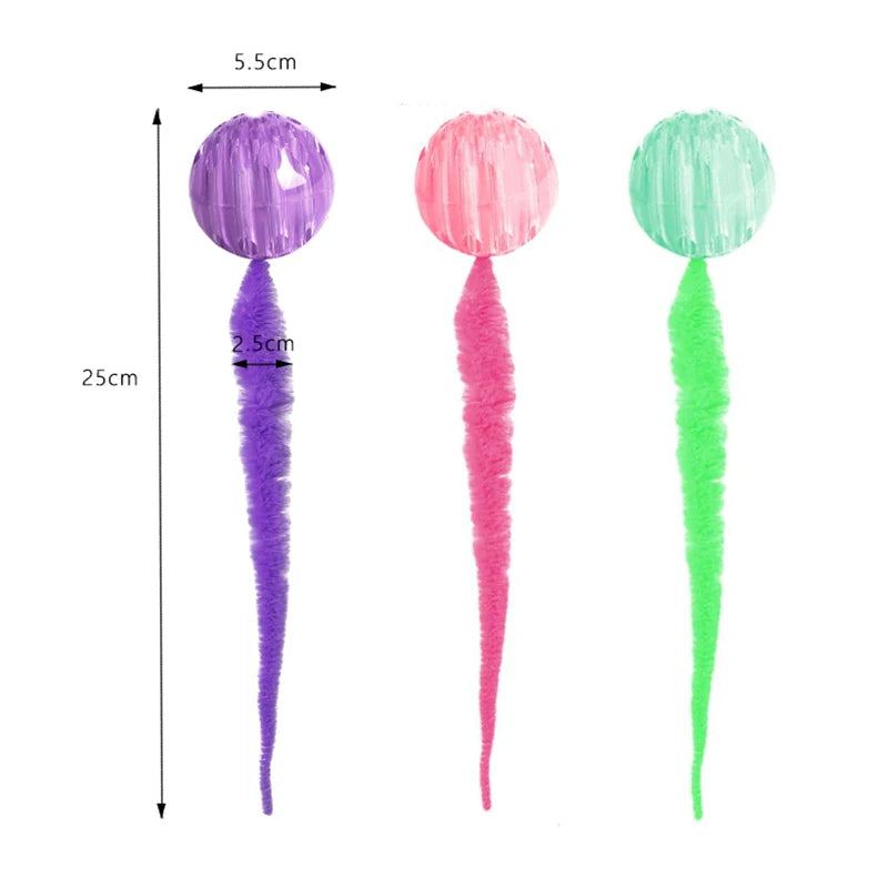 3-Pack Bouncing Caterpillar Cat Toy Wands — Bite-Resistant Rubber Ball with Tail for Kittens