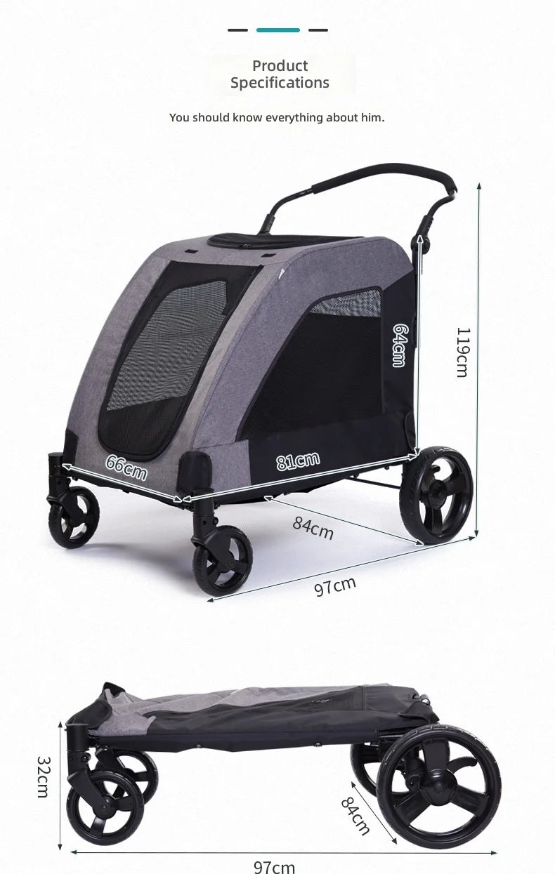 Large Pet Stroller, Foldable Cat and Dog Carrier, High Capacity, for Injured Elderly Pets, Portable Pet Cart