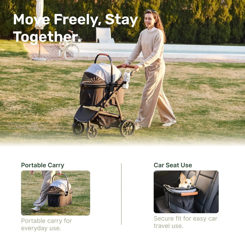 3-in-1 Pet Stroller for Medium Dogs & Cats, Detachable Aluminum Frame Carrier, All-Terrain 4-Wheel Dog Travel Carriage, Shock Ab
