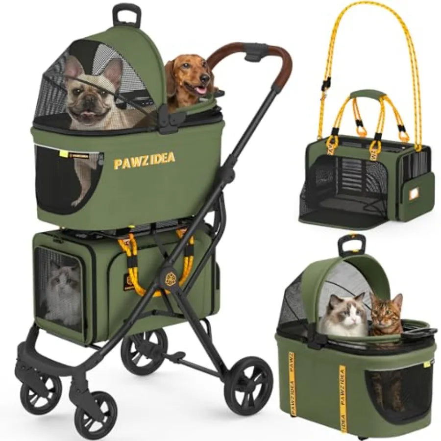 PAWZIDEA Double Pet Stroller with 2 Detachable Carrier, Lightweight Portable Travel Crate Car Seat Combo TSA-Approved Expandabl