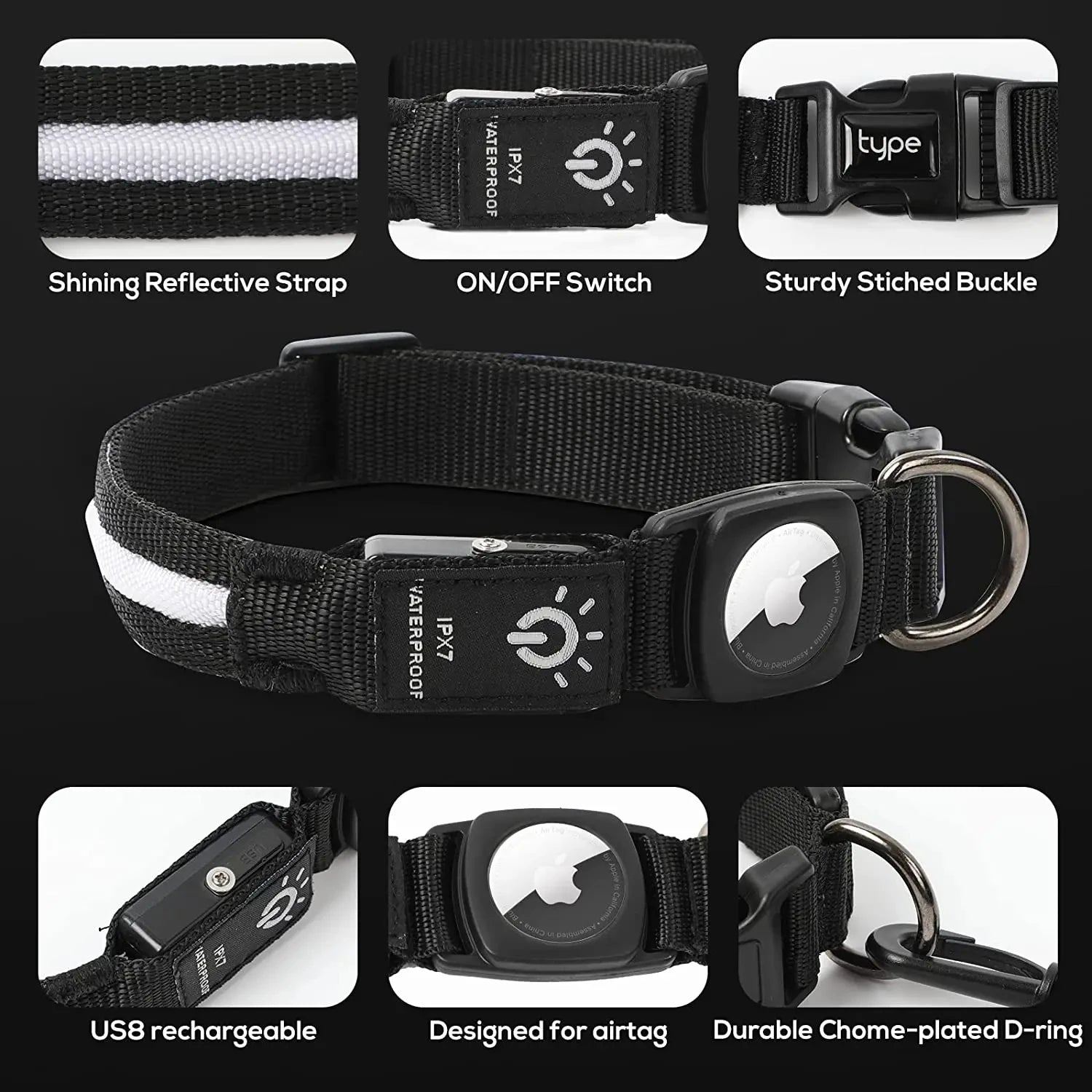 LED Dog Collar with AirTag Holder