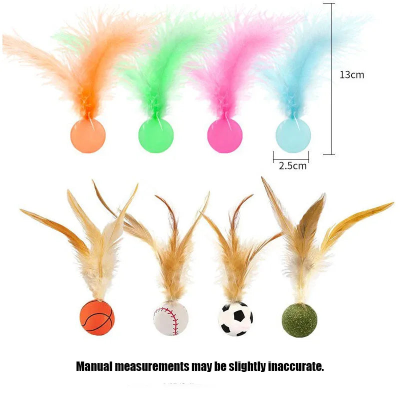 Feather Stick Bouncy Ball Cat Toy — Catnip Feather Tossing Ball for Self-Relief Interactive Play