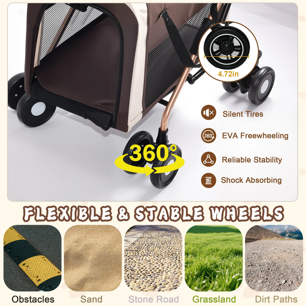 Double Pet Stroller for Dogs and Cats, Foldable Frame, 3-in-1 Convertible Carrier/Tote, Shockproof Wheels, Brake System, Fixed Safety Leashes for Small/Medium Pets in Multi-Pet Homes(Khaki)