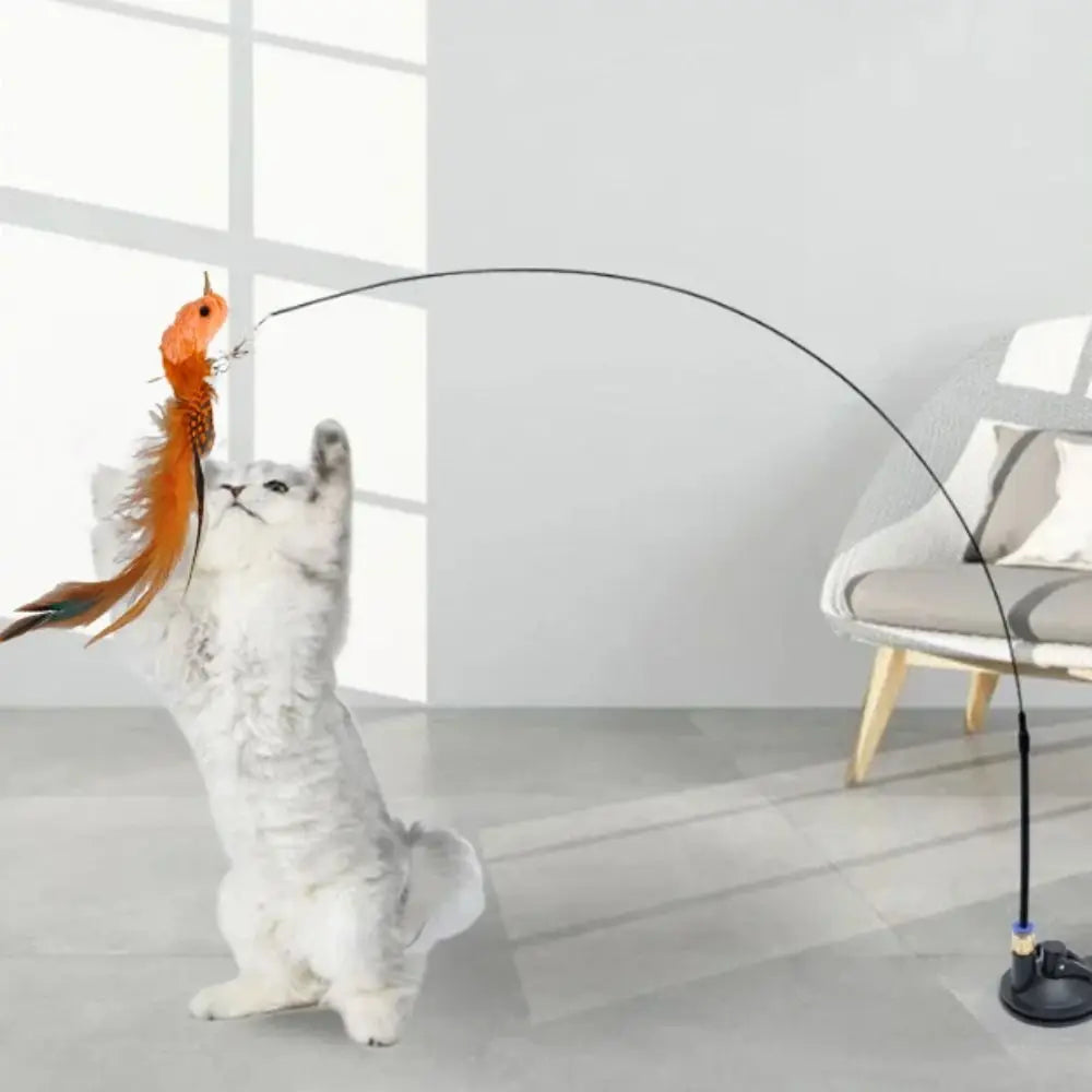 Suction Cup Bird Head Cat Teaser Wand — Plush Simulated Bird Stick Interactive Cat Toy