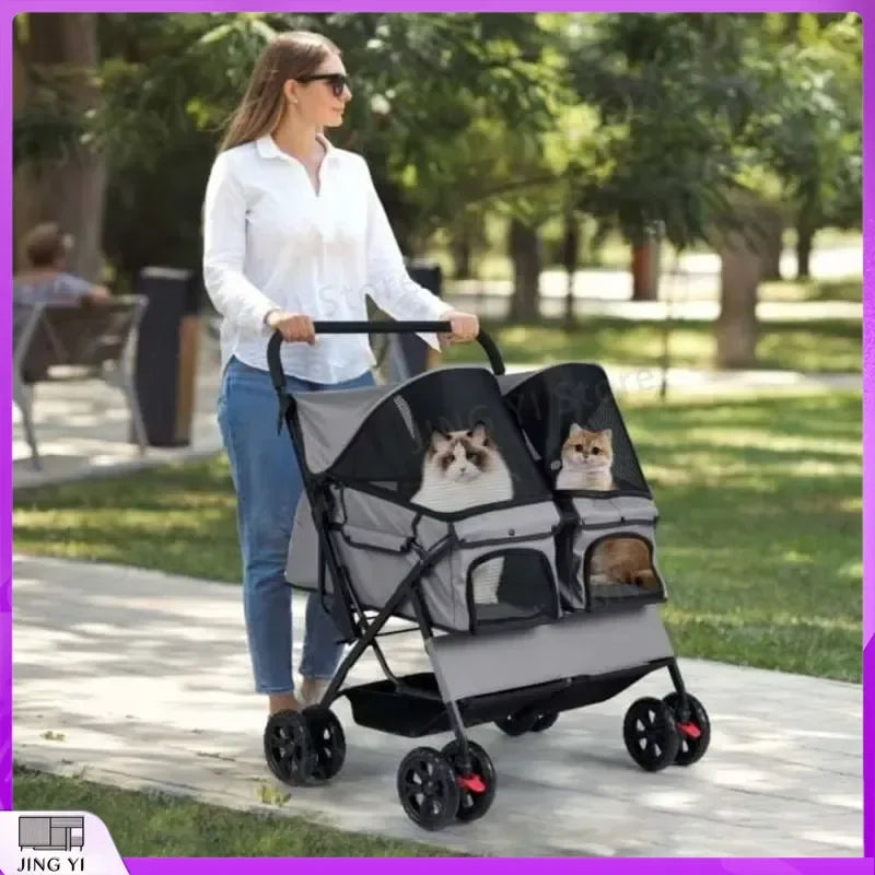 Foldable Double Pet Stroller with Adjustable Sunshade Storage Basket and Pet Travel Accessories for Dogs Cats Small Animals
