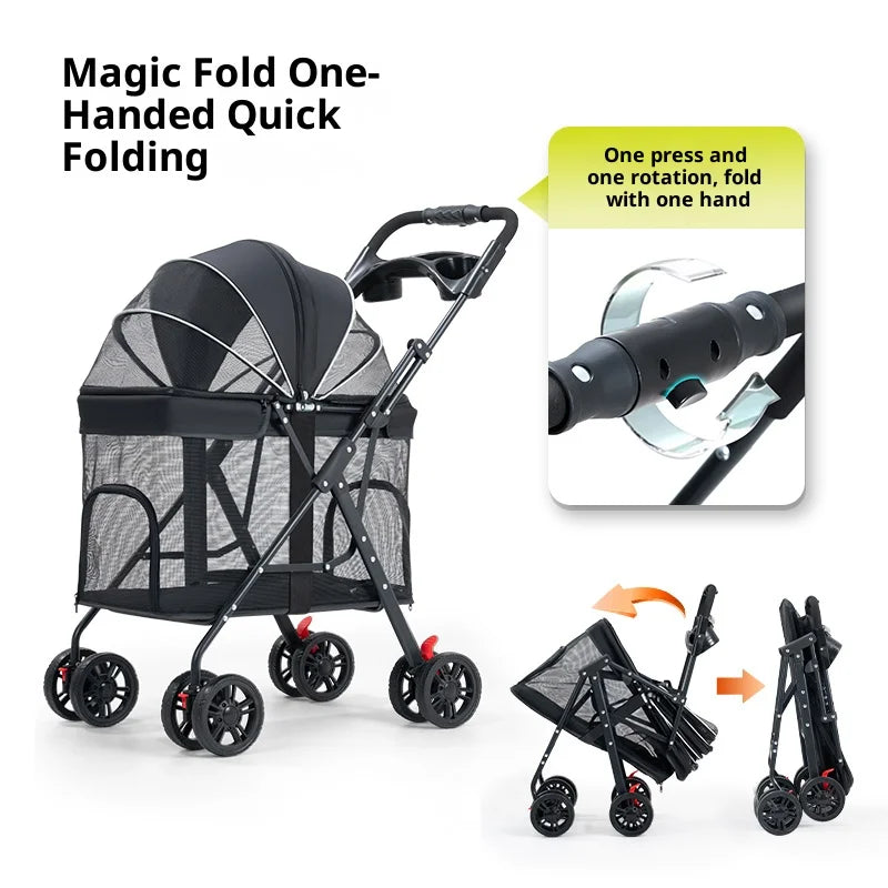 NCIPET Outdoor Waterproof Foldable Lightweight Adjustable 4-Wheel Separable Pet Stroller for Small Dogs with Detachable Trolley