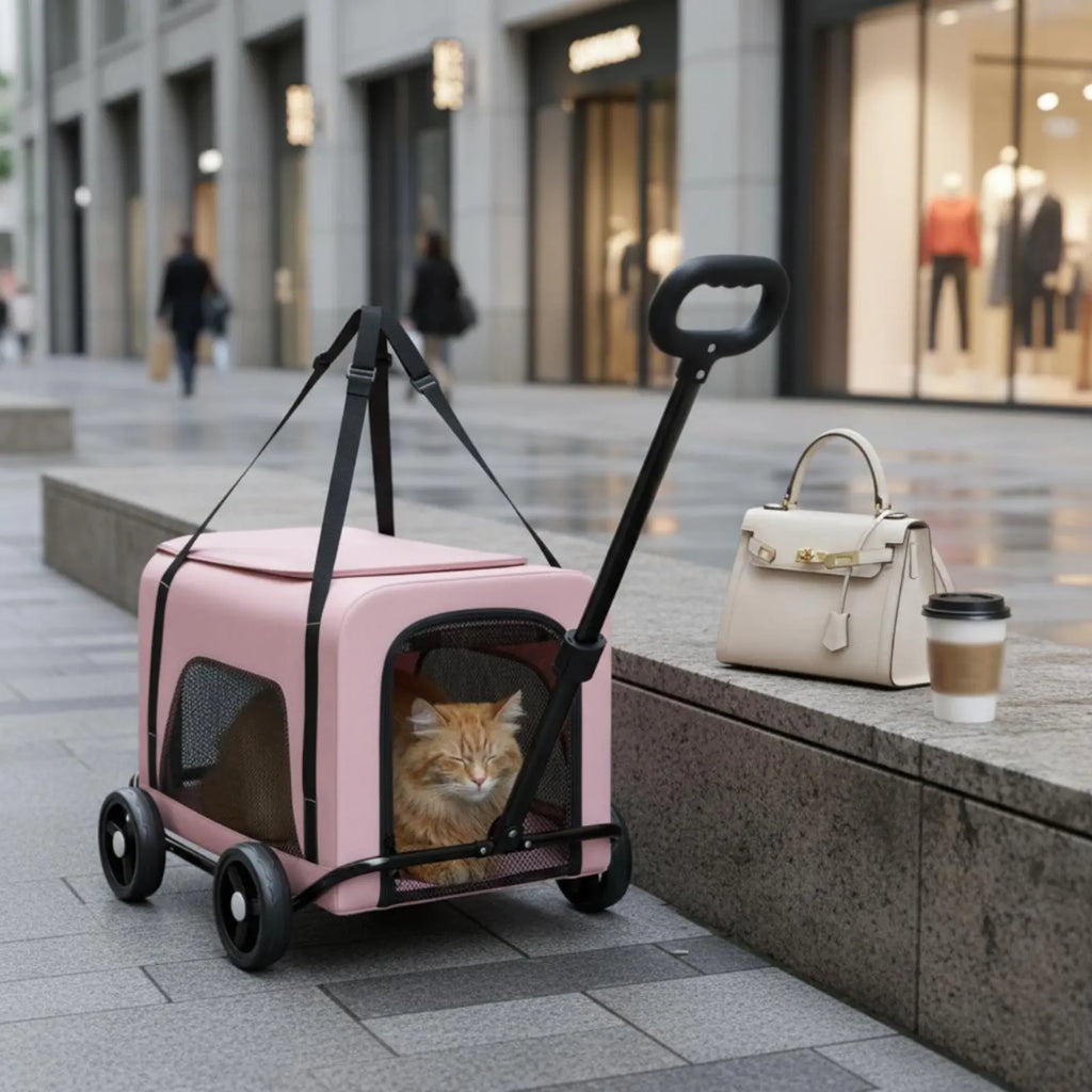 Foldable Pet Stroller Breathable Mesh Small Dog Feline Trolley Bag Pet Trolley Carrier Telescoping Handle Feline Rolling Carrier