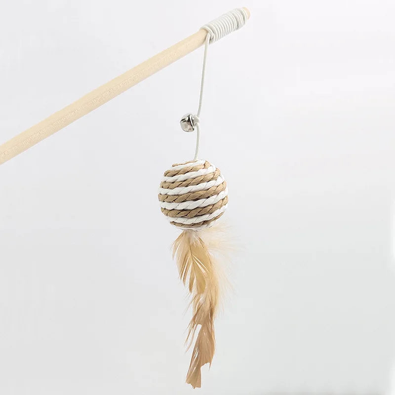 Colorful Feather Rod Cat Wand Toy — Interactive Wood Handle Teaser Stick for Cats