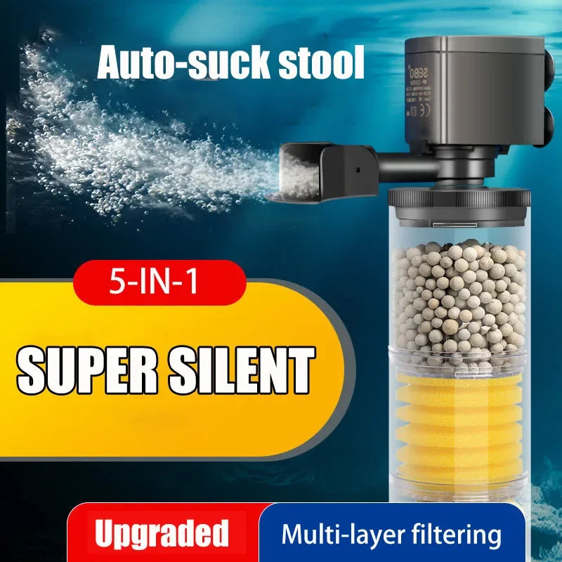 Silent 220V Submersible Aquarium Filter (Turtle & Fish Tank, Bio Sponge, Wave Maker)