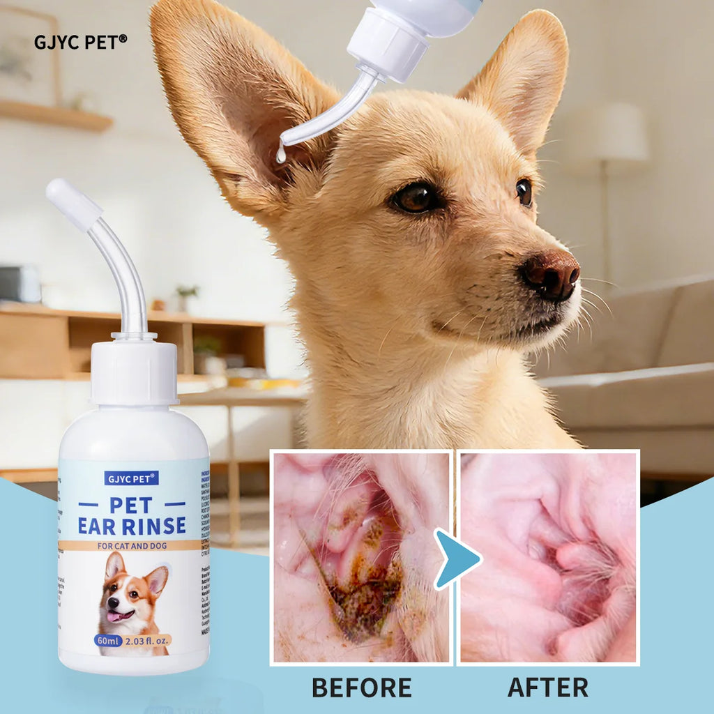 Pet Ear Cleaner Drops 60 ml Ultra-Soft Tip Non-Irritating Ear Wax Remover Deodorizing Soothing Gentle Ear Canal Hygiene Care