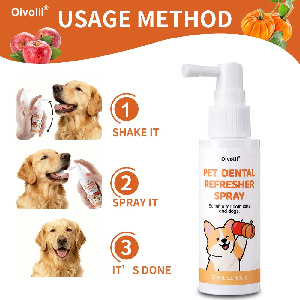 60ml Dog Dental Spray No Brushing Teeth Cleaning, Plaque Remover, Multi-Plant Formula, Pet Breath Freshener & Deodorant
