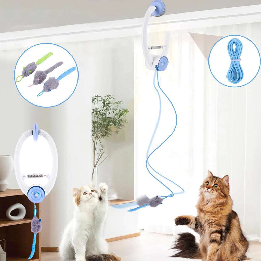 Door-Hanging Retractable Cat Teaser with 3 Catnip Mice — Automatic Indoor Kitten Toy