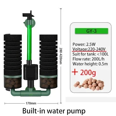 3-in-1 Submersible Aquarium Filter Pump (AC220V, Sponge + Biological + Chemical, Silent)