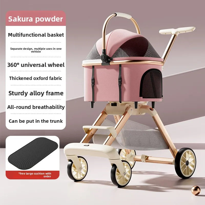 Lightweight Aluminum Alloy One-Click Foldable Pet Stroller - Universal Detachable Carrier for Dogs & Cats