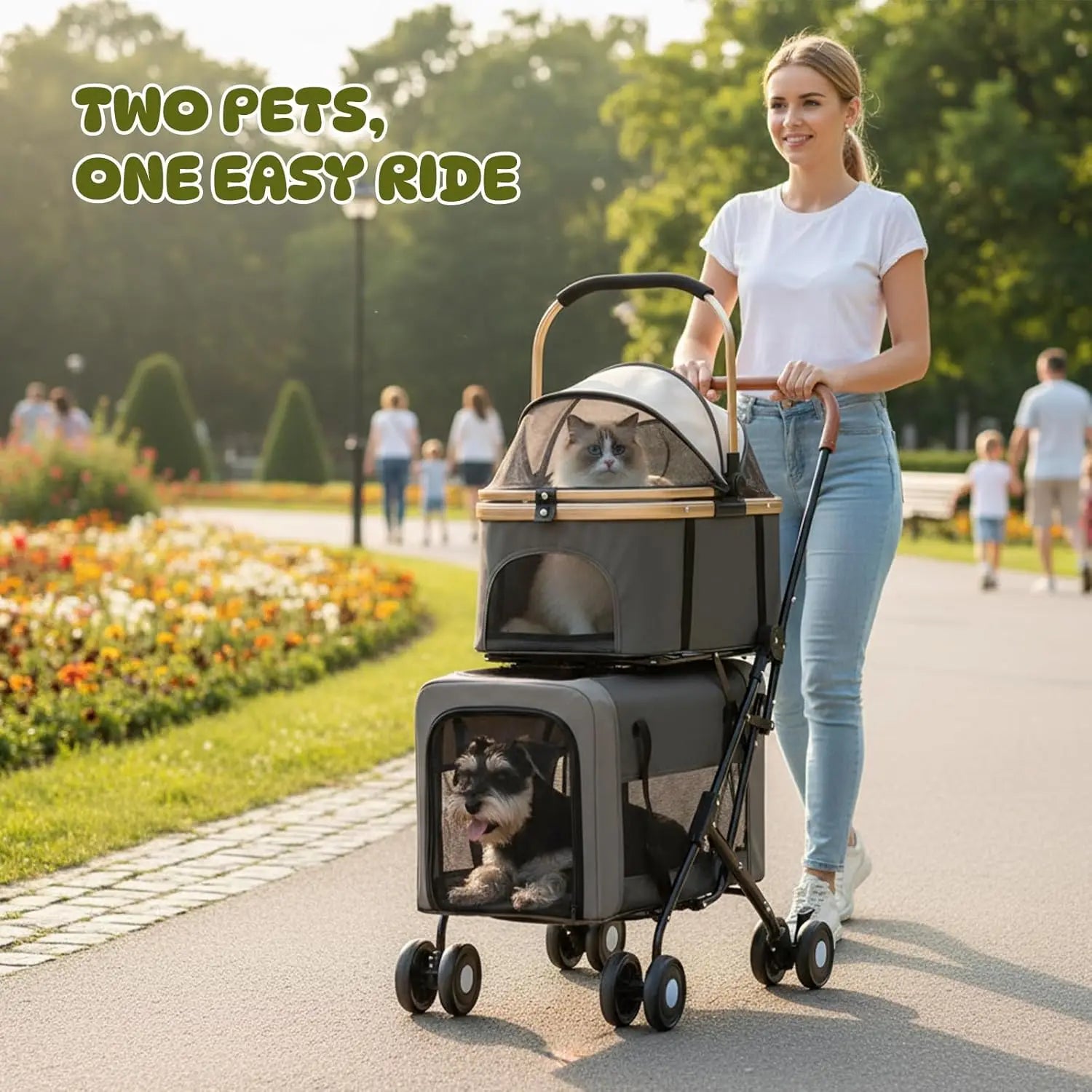 Double Pet Stroller for 2 Dogs & Cats - Foldable Travel Carriage with Detachable Carriers, Safety Belts & 4 Lockable Wheels