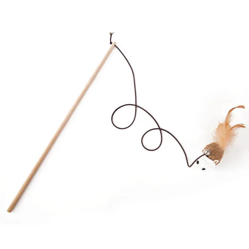 Colorful Feather Rod Cat Wand Toy — Interactive Wood Handle Teaser Stick for Cats